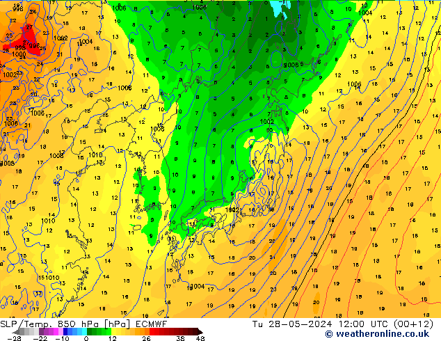 SLP/Temp. 850 hPa ECMWF di 28.05.2024 12 UTC