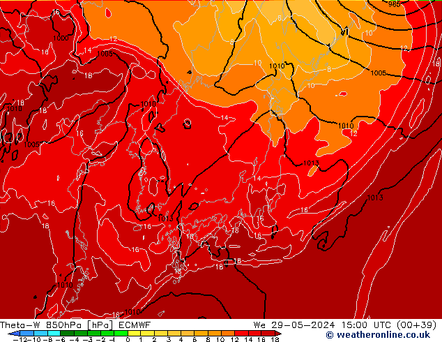 Theta-W 850hPa ECMWF śro. 29.05.2024 15 UTC