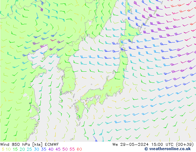 Vent 850 hPa ECMWF mer 29.05.2024 15 UTC