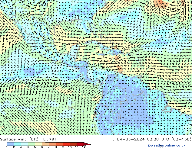 Wind 10 m (bft) ECMWF di 04.06.2024 00 UTC