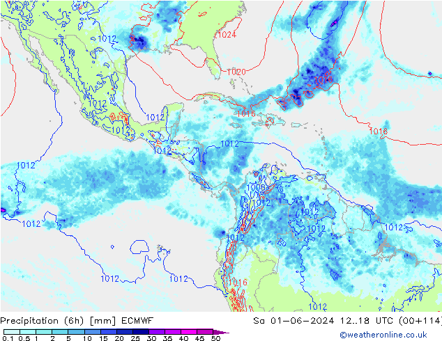 Precipitation (6h) ECMWF Sa 01.06.2024 18 UTC