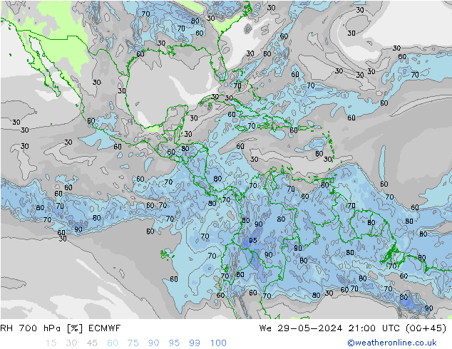 Humedad rel. 700hPa ECMWF mié 29.05.2024 21 UTC