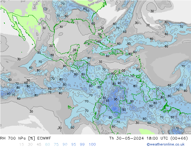 RH 700 hPa ECMWF Čt 30.05.2024 18 UTC