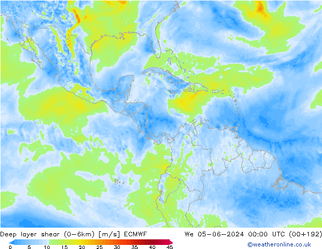 Deep layer shear (0-6km) ECMWF mer 05.06.2024 00 UTC