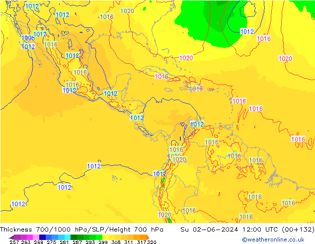 Espesor 700-1000 hPa ECMWF dom 02.06.2024 12 UTC