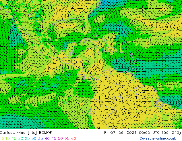 Surface wind ECMWF Pá 07.06.2024 00 UTC