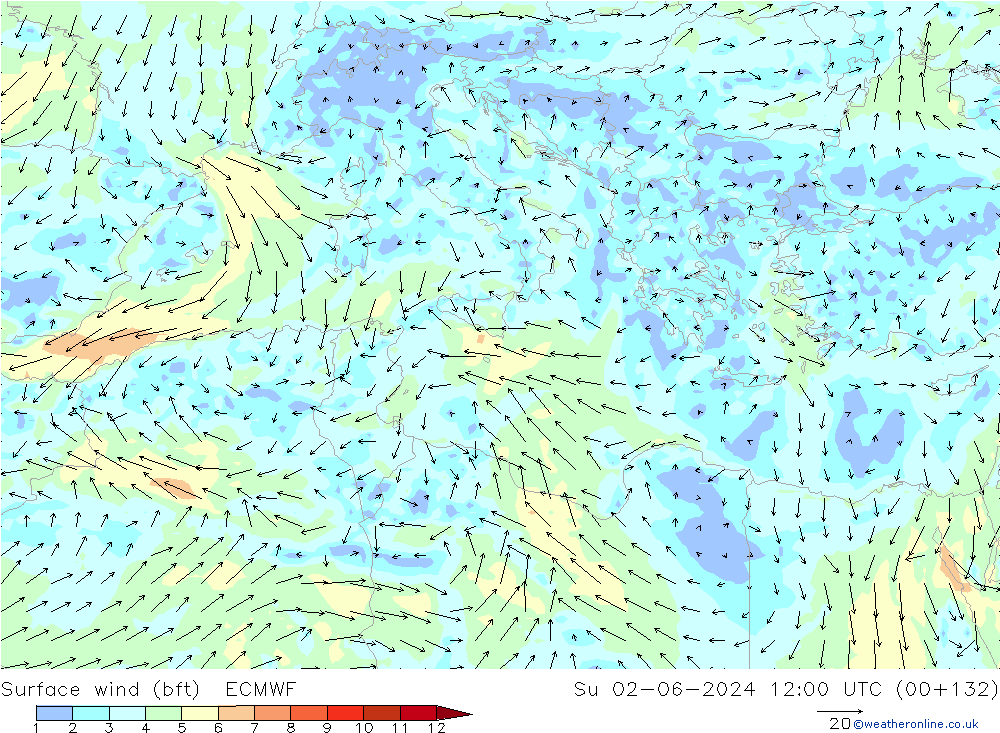 Wind 10 m (bft) ECMWF zo 02.06.2024 12 UTC