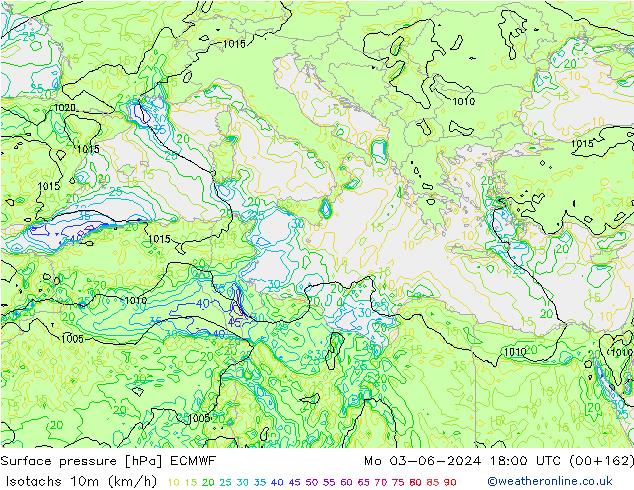 Isotachs (kph) ECMWF пн 03.06.2024 18 UTC