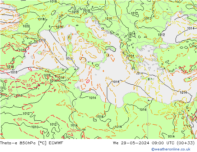 Theta-e 850hPa ECMWF wo 29.05.2024 09 UTC