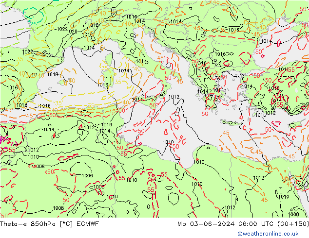 Theta-e 850hPa ECMWF Seg 03.06.2024 06 UTC