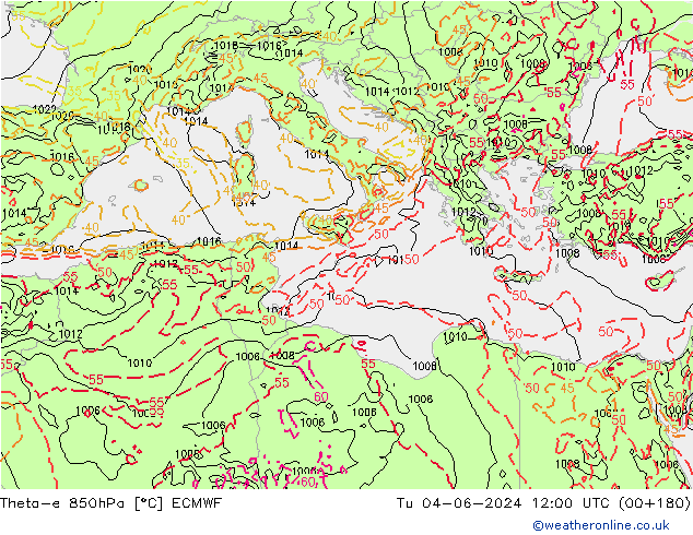 Theta-e 850hPa ECMWF Tu 04.06.2024 12 UTC