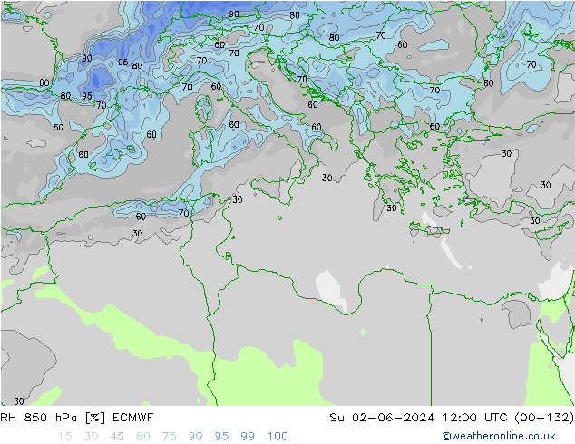 Humidité rel. 850 hPa ECMWF dim 02.06.2024 12 UTC