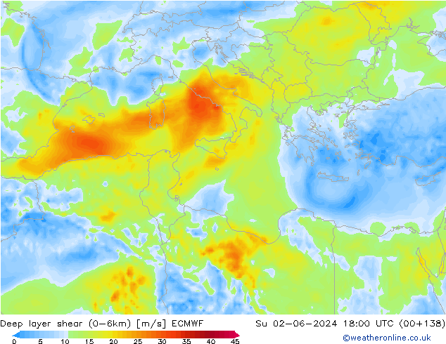 Deep layer shear (0-6km) ECMWF zo 02.06.2024 18 UTC