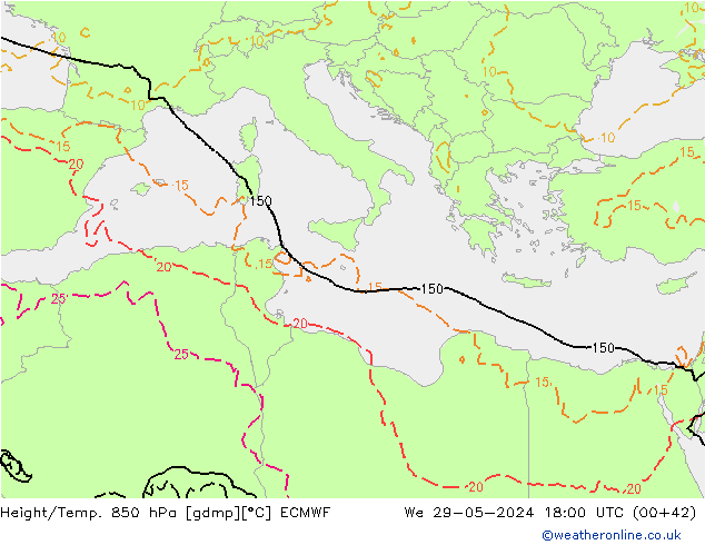 Height/Temp. 850 hPa ECMWF mer 29.05.2024 18 UTC