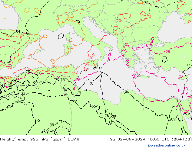 Hoogte/Temp. 925 hPa ECMWF zo 02.06.2024 18 UTC