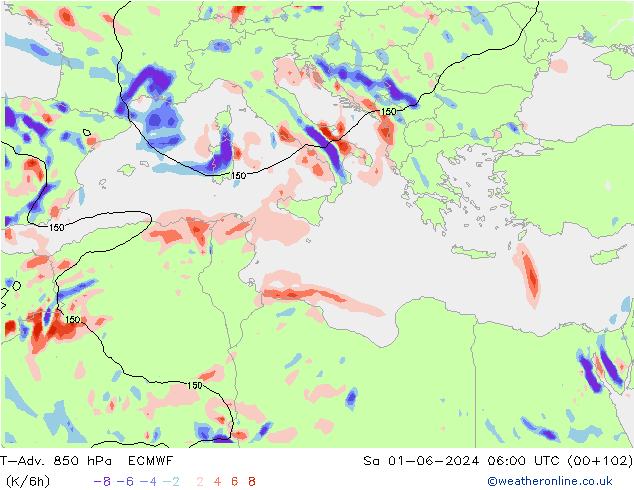 T-Adv. 850 hPa ECMWF Cts 01.06.2024 06 UTC