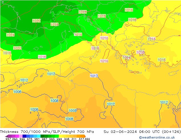 Thck 700-1000 гПа ECMWF Вс 02.06.2024 06 UTC