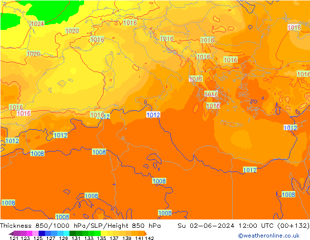 Dikte 850-1000 hPa ECMWF zo 02.06.2024 12 UTC