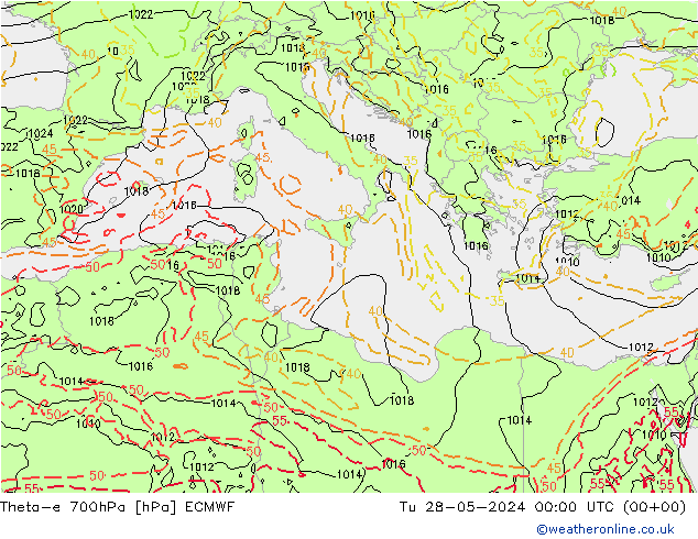 Theta-e 700hPa ECMWF di 28.05.2024 00 UTC