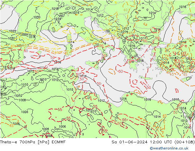 Theta-e 700hPa ECMWF sáb 01.06.2024 12 UTC
