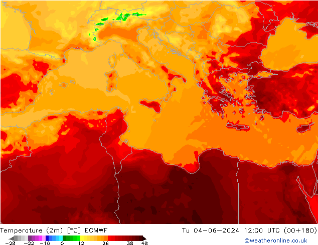 Temperature (2m) ECMWF Tu 04.06.2024 12 UTC