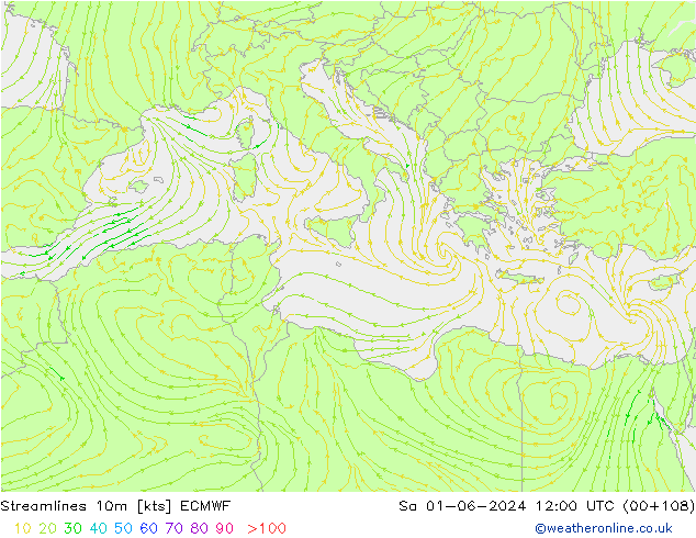 Linia prądu 10m ECMWF so. 01.06.2024 12 UTC