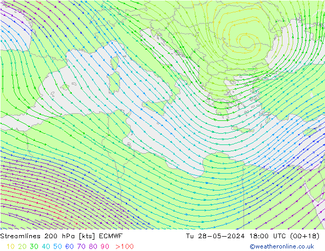 Streamlines 200 hPa ECMWF Tu 28.05.2024 18 UTC