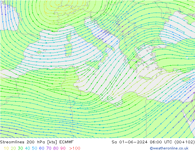 Línea de corriente 200 hPa ECMWF sáb 01.06.2024 06 UTC