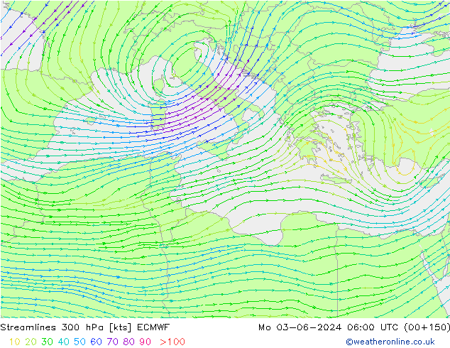 Linia prądu 300 hPa ECMWF pon. 03.06.2024 06 UTC