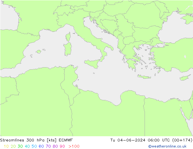 Linia prądu 300 hPa ECMWF wto. 04.06.2024 06 UTC