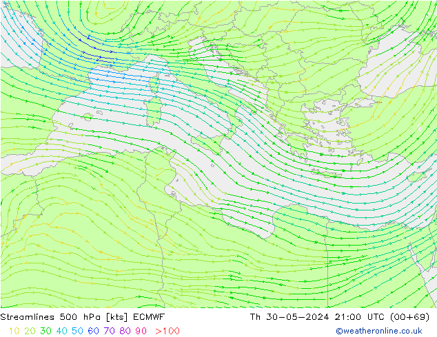 ветер 500 гПа ECMWF чт 30.05.2024 21 UTC