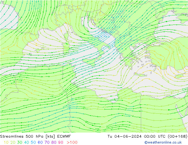 Línea de corriente 500 hPa ECMWF mar 04.06.2024 00 UTC