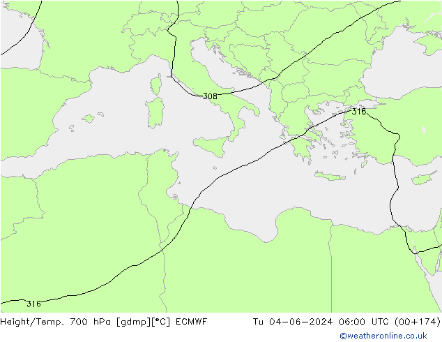 Height/Temp. 700 hPa ECMWF Tu 04.06.2024 06 UTC
