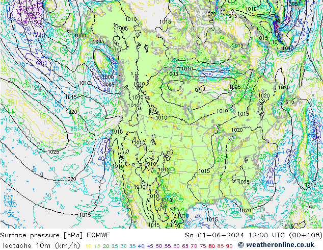 Isotachs (kph) ECMWF sam 01.06.2024 12 UTC