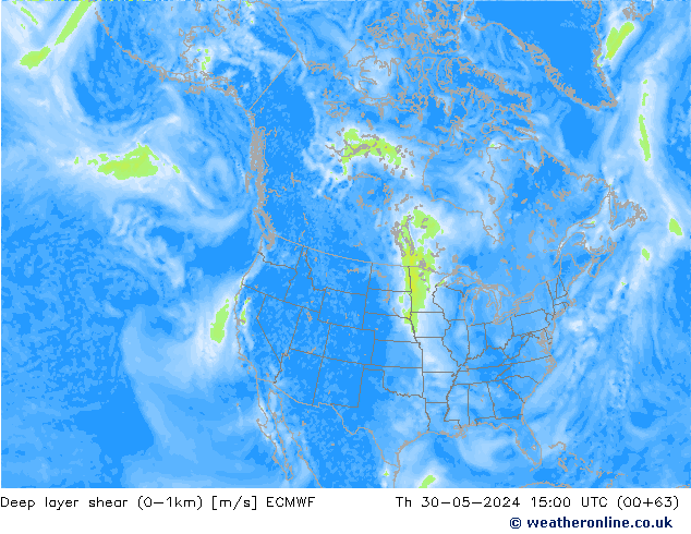 Deep layer shear (0-1km) ECMWF Th 30.05.2024 15 UTC