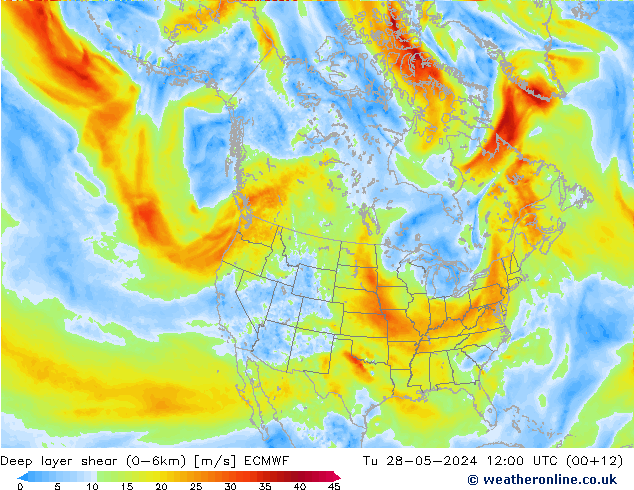 Deep layer shear (0-6km) ECMWF Di 28.05.2024 12 UTC