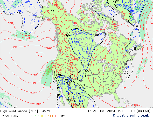 High wind areas ECMWF Čt 30.05.2024 12 UTC