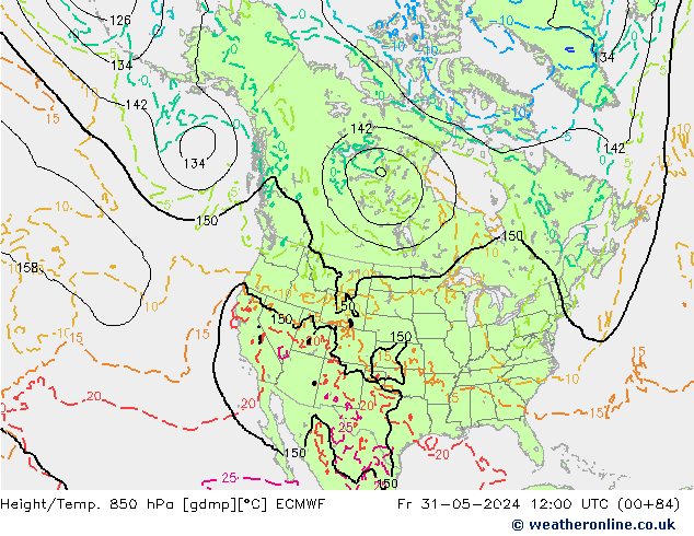 Hoogte/Temp. 850 hPa ECMWF vr 31.05.2024 12 UTC