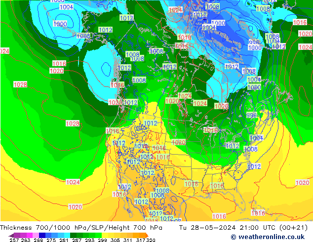 Thck 700-1000 гПа ECMWF вт 28.05.2024 21 UTC