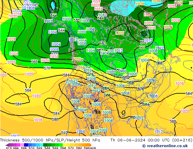 Espesor 500-1000 hPa ECMWF jue 06.06.2024 00 UTC