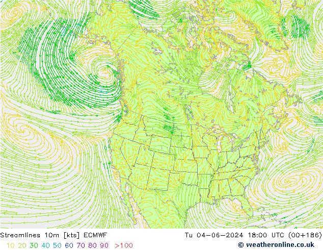 Streamlines 10m ECMWF Út 04.06.2024 18 UTC