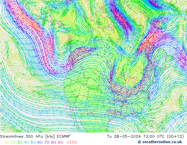 Streamlines 300 hPa ECMWF Tu 28.05.2024 12 UTC