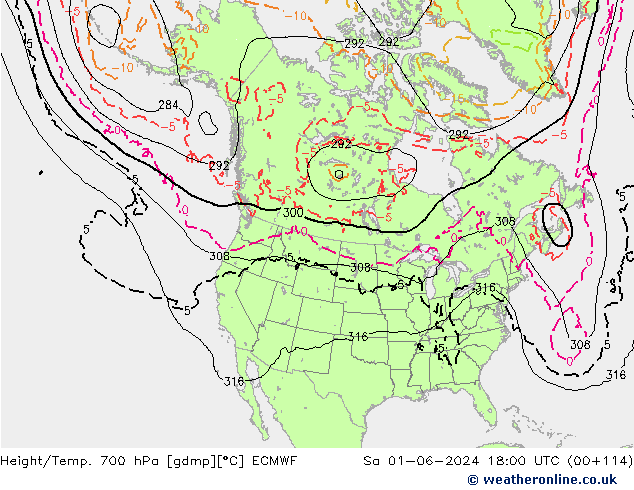 Height/Temp. 700 hPa ECMWF sab 01.06.2024 18 UTC