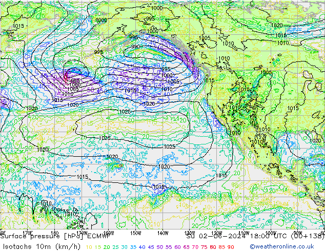 Isotaca (kph) ECMWF dom 02.06.2024 18 UTC