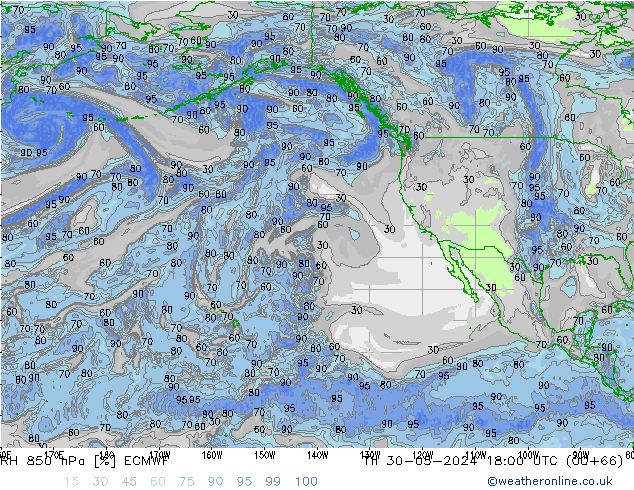 RH 850 hPa ECMWF Čt 30.05.2024 18 UTC