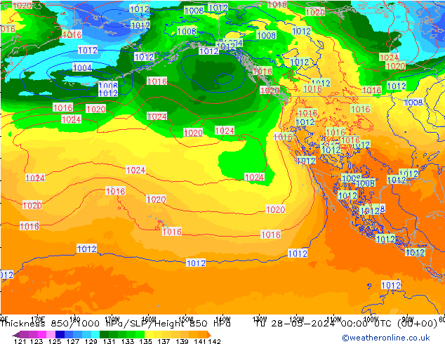 Espesor 850-1000 hPa ECMWF mar 28.05.2024 00 UTC