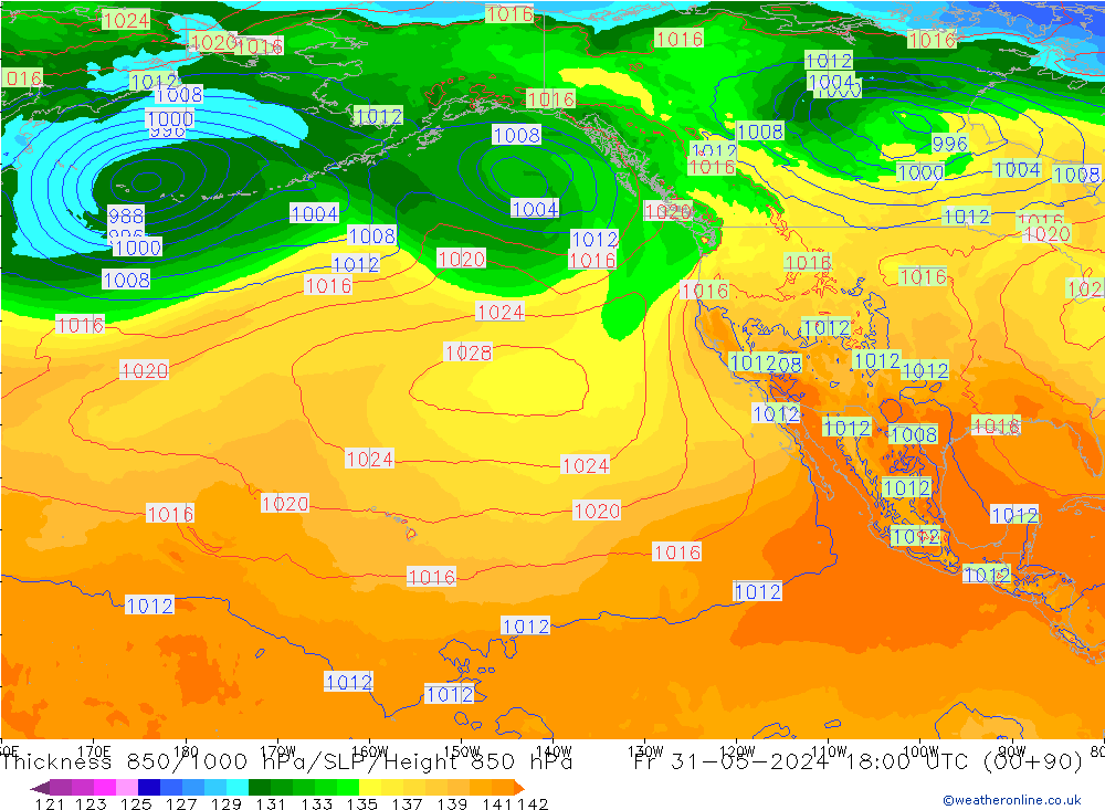 Thck 850-1000 hPa ECMWF ven 31.05.2024 18 UTC