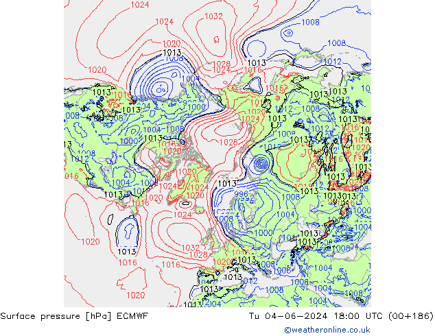 Atmosférický tlak ECMWF Út 04.06.2024 18 UTC