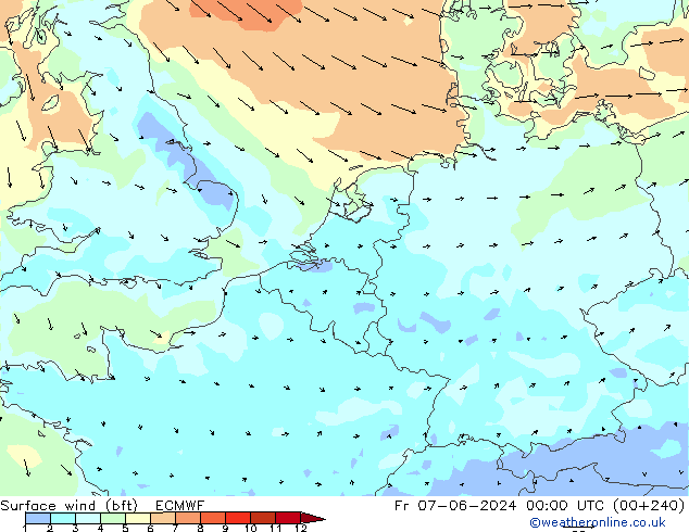 Bodenwind (bft) ECMWF Fr 07.06.2024 00 UTC