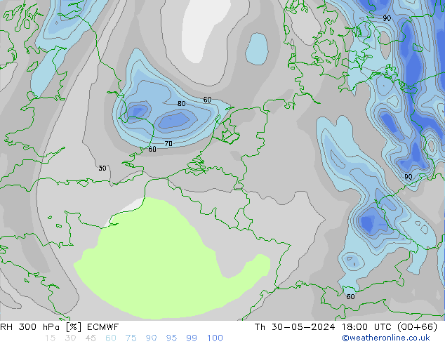 Humidité rel. 300 hPa ECMWF jeu 30.05.2024 18 UTC